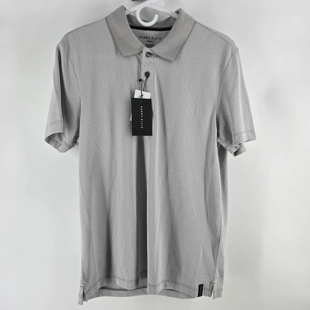 Perry Ellis Polo Shirt Mens Small Grey Geometric Microprint Short Sleeve NWT